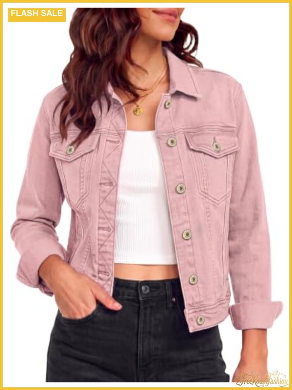 Stretch Denim Trucker Jacket Button Down Long Sleeve Flap Pockets